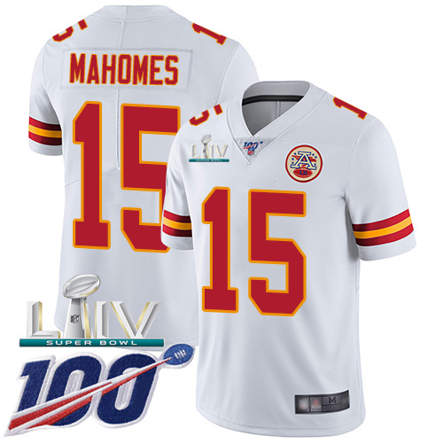 Kansas City Chiefs Nike 15 Patrick Mahomes White Super Bowl LIV 2020 Men Stitched NFL 100th Season Vapor Untouchable Limited Jersey